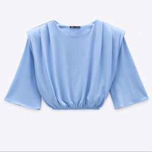 Zara Light Blue Shoulder Pad Blouse Top, Flowy Sleeves, Women’s Medium NWT